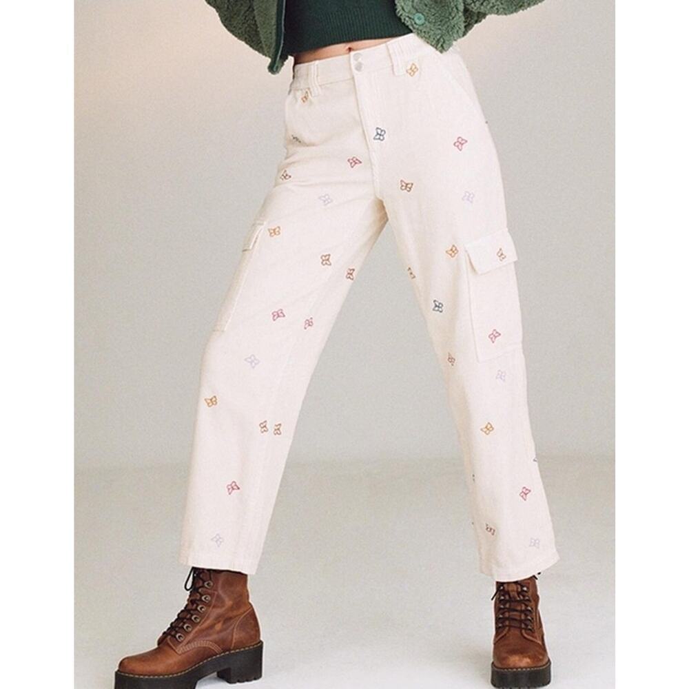 Pacsun Small Corduroy Cargo Pants Multicolor Butterfly Embroidery Indie Cottage